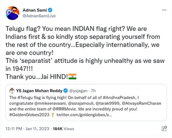 Adnan Sami reacts to CM YS Jagan Mohan Reddy's tweet.