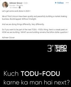 Ashneer Grover's post on his new startup (Image courtesy: LinkedIn)