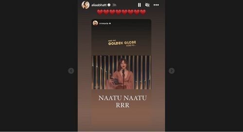 Alia Bhatt congratulates team RRR on their Golden Globe win. (Instagram/@Aliabhatt) Alia Bhatt congratulates team RRR on their Golden Globe win. (Instagram/@Aliabhatt)