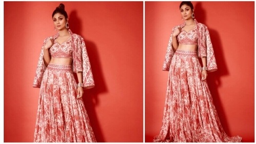 Shilpa Shetty's printed red contemporaray lehenga is perfect if you are not looking for anything extremely traditional. (Instagram/@theshilpashetty) Shilpa Shetty's printed red contemporaray lehenga is perfect if you are not looking for anything extremely traditional. (Instagram/@theshilpashetty)