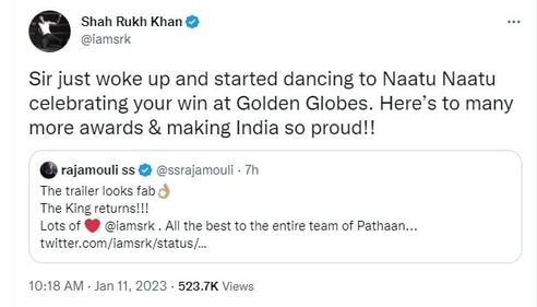 Actor Shah Rukh Khan wished director SS Rajamouli for RRR's Golden Globe win. Actor Shah Rukh Khan wished director SS Rajamouli for RRR's Golden Globe win.