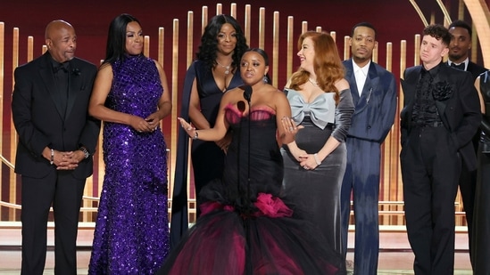 Abbott Elementary nominee Sheryl Lee Ralph stunned in an elaborately beaded purple gown by Jason Rembert for Aliette.&nbsp;(AP)