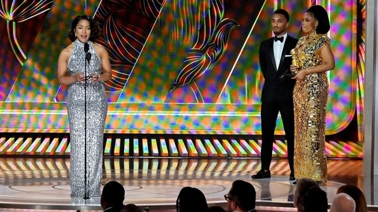 Angela Bassett, a winner for best supporting actress in a film for playing Queen Ramonda in Black Panther: Wakanda Forever slayed in a silver halter gown from Pamella Roland.&nbsp;(REUTERS)