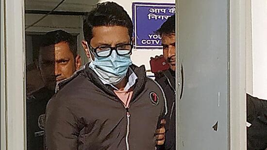 Accused Shankar Mishra leaves Patiala House court after appearing for questioning in connection with the Air India passenger urinating case, in New Delhi on Saturday. (ANI)