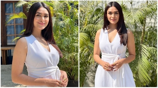 Mrunal Thakur has won hearts of many with not just her acting skills but also her personality. Her wardrobe choices have also garnered a lot of praise from the fashion gods. Dressed in an elegant white dress for her latest photoshoot, she proves less is more.&nbsp;(Instagram/@mrunalthakur)