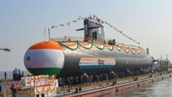File photo of Kalveri class Vagir diesel; attack submarine being launched in Mumbai.
