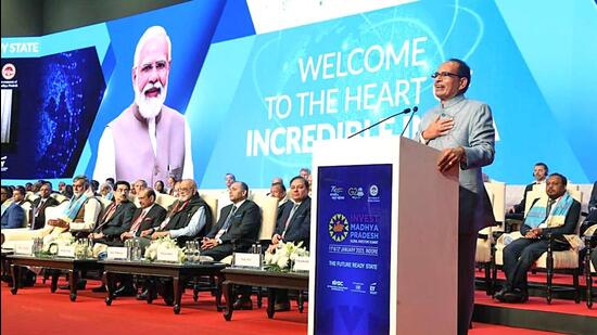 Madhya Pradesh chief minister Shivraj Singh Chouhan addresses the Global Investors Summit-2023, in Indore on Wednesday. (ANI)