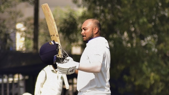 Mumbai's batter Prithvi Shaw celebrates after scoring a century during the first day of the Ranji Trophy cricket match(PTI)