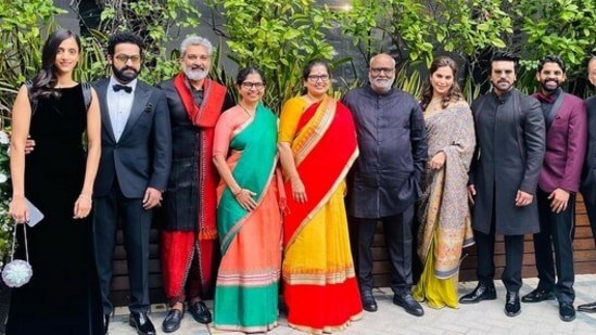 Before creating history by winning a Golden Globe for Best Original Song, Ram Charan, Jr NTR, SS Rajamouli, MM Keeravani posed with their family.