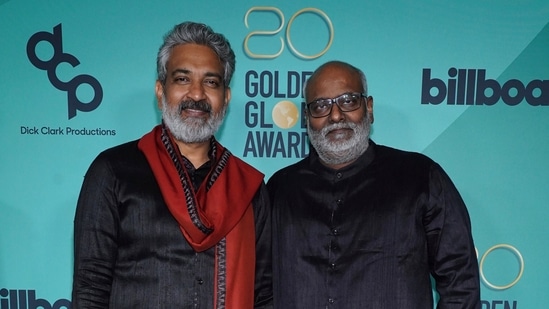 Director SS Rajamouli and MM Keeravaani at the HFPA and Billboard Golden Globes afterparty at the Beverly Hilton Hotel on Tuesday, Jan. 10, 2023. (Photo by Allison Dinner/Invision/AP)(Invision)