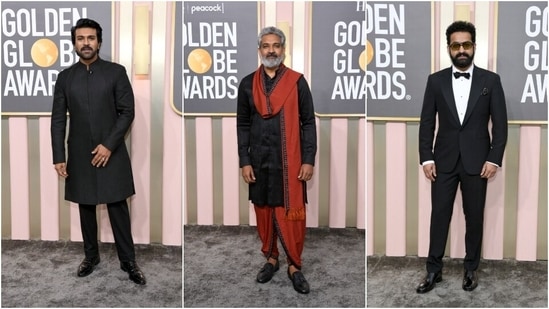 Golden Globe Awards 2023: Ram Charan, SS Rajamouli, and Jr NTR on the red carpet. (AFP )