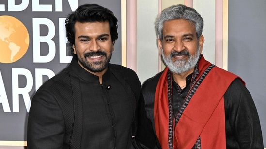Ram Charan, who also wore black, posed with SS Rajamouli on the red carpet.