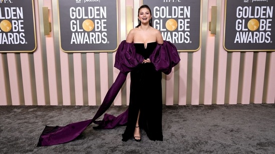 Only Murders in the Building actor Selena Gomez, also a nominee, opted for a strapless velvet Valentino gown in a deeper amethyst shade.&nbsp;(Getty Images via AFP)