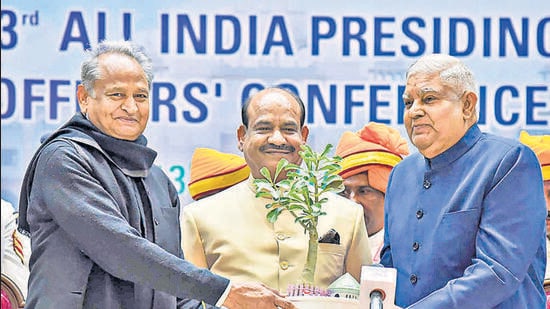 Vice President Jagdeep Dhankhar (right) with Lok Sabha Speaker Om Birla (centre) and Rajasthan chief minister Ashok Gehlot at the 83rd All India Presiding Officers’ Conference in Jaipur on Wednesday. (PTI)