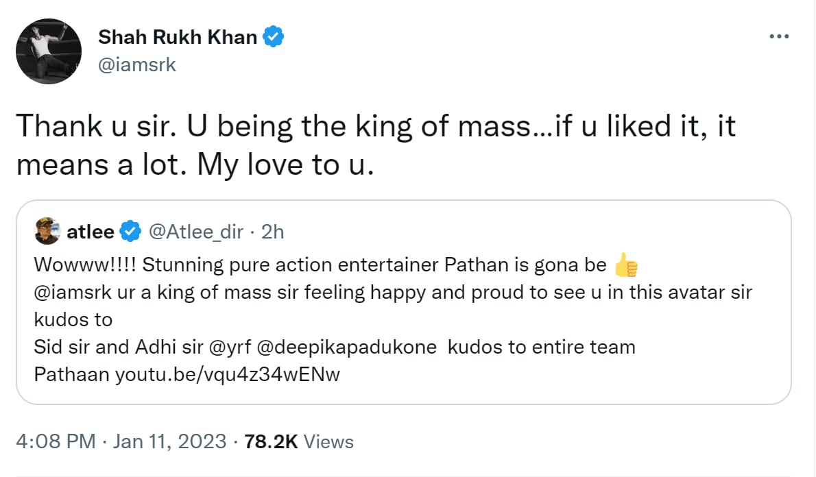Shah Rukh Khan replies to Atlee for praising Pathaan trailer.