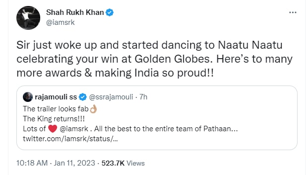 Actor Shah Rukh Khan wished director SS Rajamouli for RRR's Golden Globe win.