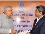 Vice President Jagdeep Dhankhar meets All India Football Federation (AIFF) President Kalyan Chaubey at a community reception event, in Doha (ANI-Vice President of India Twitter) Vice President Jagdeep Dhankhar meets All India Football Federation (AIFF) President Kalyan Chaubey at a community reception event, in Doha (ANI-Vice President of India Twitter)