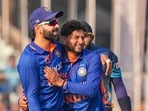Indian bowler Kuldeep Yadav with teammate Virat Kohli celebrates the wicket of Sri Lanka's batter Charith Asalanka (PTI) Indian bowler Kuldeep Yadav with teammate Virat Kohli celebrates the wicket of Sri Lanka's batter Charith Asalanka (PTI)
