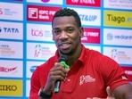Jamaican sprinter Yohan Blake during a press conference, in Mumbai, Jamaican sprinter Yohan Blake during a press conference, in Mumbai,