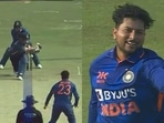 Screengrab of Kuldeep's wicket taking moment(BCCI) Screengrab of Kuldeep's wicket taking moment(BCCI)