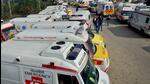 The protesting employees parked more than 300 ambulances at the Ladhowal toll plaza in Ludhiana, claiming that the private company is not giving them fair wages. (Harvinder Singh/HT) The protesting employees parked more than 300 ambulances at the Ladhowal toll plaza in Ludhiana, claiming that the private company is not giving them fair wages. (Harvinder Singh/HT)
