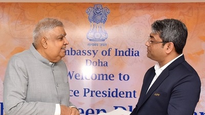 Vice President Jagdeep Dhankhar meets All India Football Federation (AIFF) President Kalyan Chaubey at a community reception event, in Doha (ANI-Vice President of India Twitter)