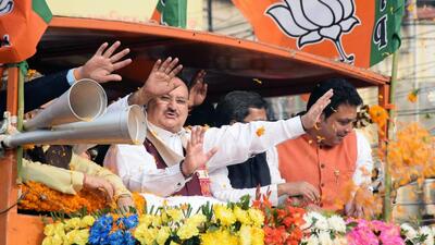 JP Nadda addressed a massive gathering in Tripura’s Agartala on Thursday. (ANI Photo)