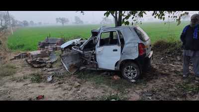 The damaged Alto car in which the family was travelling in Chhahar village in Sangrur. (HT Photo)