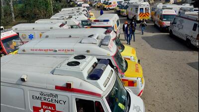 The protesting employees parked more than 300 ambulances at the Ladhowal toll plaza in Ludhiana, claiming that the private company is not giving them fair wages. (Harvinder Singh/HT) The protesting employees parked more than 300 ambulances at the Ladhowal toll plaza in Ludhiana, claiming that the private company is not giving them fair wages. (Harvinder Singh/HT)