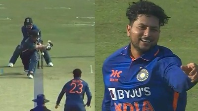 Screengrab of Kuldeep's wicket taking moment (BCCI) Screengrab of Kuldeep's wicket taking moment (BCCI)