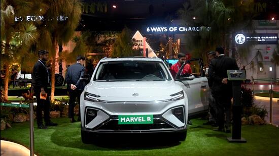 Automaker MG’s all-electric SUV Marvel R showcased at the Auto Expo 2023 in Greater Noida on Thursday. (Sunil Ghosh/HT Photo)