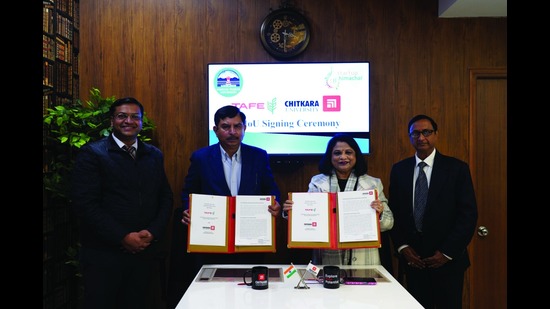 Chitkara University and Tafe Motors and Tractors Limited signing the MoU on Thursday.