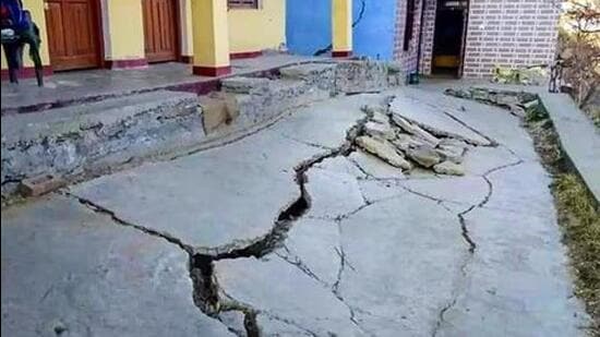 Cracks appearing at a house due to landslides at Joshimath in Chamoli district of Uttarakhand. (PTI photo)