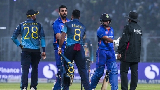 India’s K L Rahul and Kuldeep Yadav shake hands with Sri Lankan players after winning the second one-day international cricket match between India and Sri Lanka in Kolkata,.(AP)