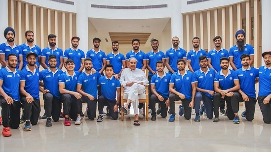 Odisha Chief Minister Naveen Patnaik during his interaction with Indian men's hockey team, ahead of the FIH Men's Hockey World Cup 2023, at Birsa Munda Hockey Stadium in Rourkela.(PTI)