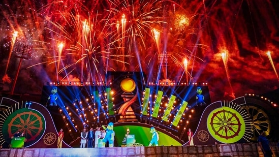 Cuttack: Fireworks dazzle the sky during the FIH Hockey World Cup Opening Ceremony, in Cuttack, Wednesday, Jan. 11, 2023. (PTI Photo) (PTI01_11_2023_000388A)(PTI)