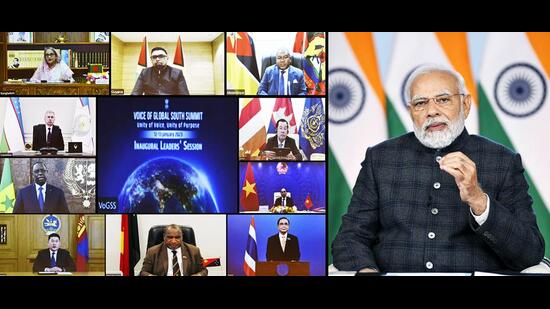 Prime Minister Narendra Modi addresses at the opening session of Voice of Global South Summit 2023, via video conferencing, on Thursday. (ANI)