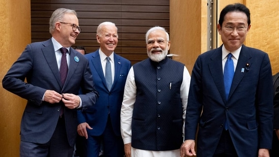 Australian Prime Minister Anthony Albanese (far left), US President Joe Biden, Indian Prime Minister Narendra Modi and Prime Minister Fumio Kishida arrive for their meeting during the Quad leaders summit in Tokyo in May 2022.