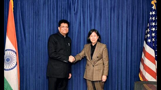 Union commerce and industry minister Piyush Goyal with United States Trade Representative Katherine Tai during the 13th India-US Trade Policy Forum in Washington DC on Wednesday. (PTI) Union commerce and industry minister Piyush Goyal with United States Trade Representative Katherine Tai during the 13th India-US Trade Policy Forum in Washington DC on Wednesday. (PTI)