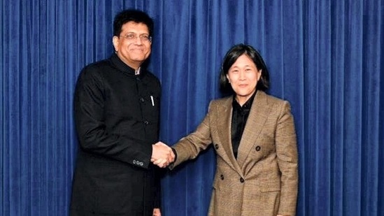Union minister Piyush Goyal with United States Trade Representative Katherine Tai during the 13th India-US Trade Policy Forum in Washington DC on Wednesday. (PTI)
