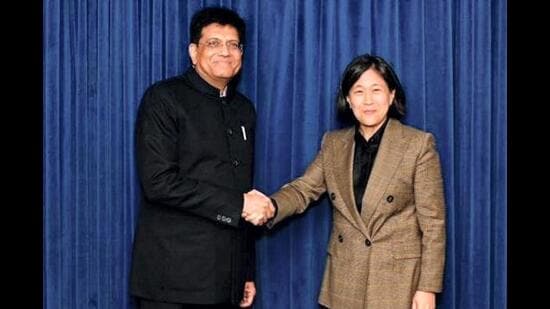 Union minister Piyush Goyal with United States Trade Representative Katherine Tai during the 13th India-US Trade Policy Forum in Washington DC on Wednesday. (PTI)