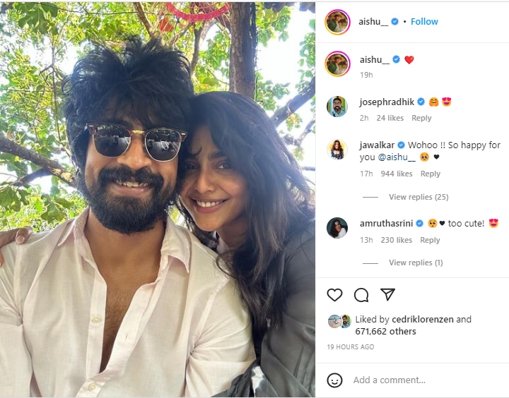 Aishwarya Lekshmi took to Instagram to post a photo with Arjun Das.