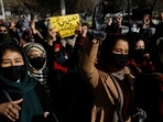 Afghan women chant slogans in protest against the closure of universities to women by the Taliban in Kabul, Afghanistan, December 22, 2022. 