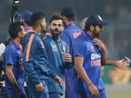 India's captain Rohit Sharma, Virat Kohli, and Hardik Pandya during the post-match presentation after the 2nd ODI match against Sri Lanka, at Eden Gardens, in Kolkata. India's captain Rohit Sharma, Virat Kohli, and Hardik Pandya during the post-match presentation after the 2nd ODI match against Sri Lanka, at Eden Gardens, in Kolkata.