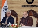 Union home minister Amit Shah addresses a joint press conference with Jammu and Kashmir Lieutenant Governor Manoj Sinha in Jammu on Friday. (ANI ) Union home minister Amit Shah addresses a joint press conference with Jammu and Kashmir Lieutenant Governor Manoj Sinha in Jammu on Friday. (ANI )