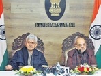 Union home minister Amit Shah addresses a joint press conference with Jammu and Kashmir LG Manoj Sinha, in Jammu on Friday. (ANI) Union home minister Amit Shah addresses a joint press conference with Jammu and Kashmir LG Manoj Sinha, in Jammu on Friday. (ANI)