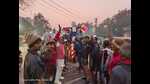 People burning the effigy of Chinese Manjha in Varanasi on Thursday. (HT Photo) People burning the effigy of Chinese Manjha in Varanasi on Thursday. (HT Photo)