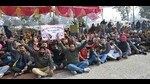 The 108 Ambulance Employees Association, Punjab, staging a protest at Ladowal toll plaza in Ludhiana on Friday. (Gurpreet Singh/HT) The 108 Ambulance Employees Association, Punjab, staging a protest at Ladowal toll plaza in Ludhiana on Friday. (Gurpreet Singh/HT)