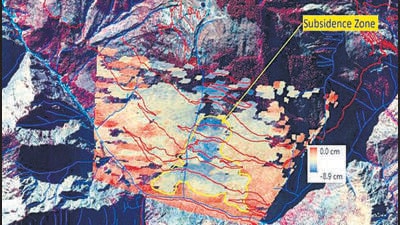 A satellite image shows land subsidence in Joshimath. (Isro) A satellite image shows land subsidence in Joshimath. (Isro)