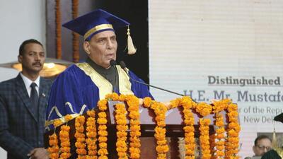 Defence minister Rajnath Singh addressing the Convocation Ceremony of Integral University in Lucknow on Friday. (Rajnath Singh/Twitter) Defence minister Rajnath Singh addressing the Convocation Ceremony of Integral University in Lucknow on Friday. (Rajnath Singh/Twitter)